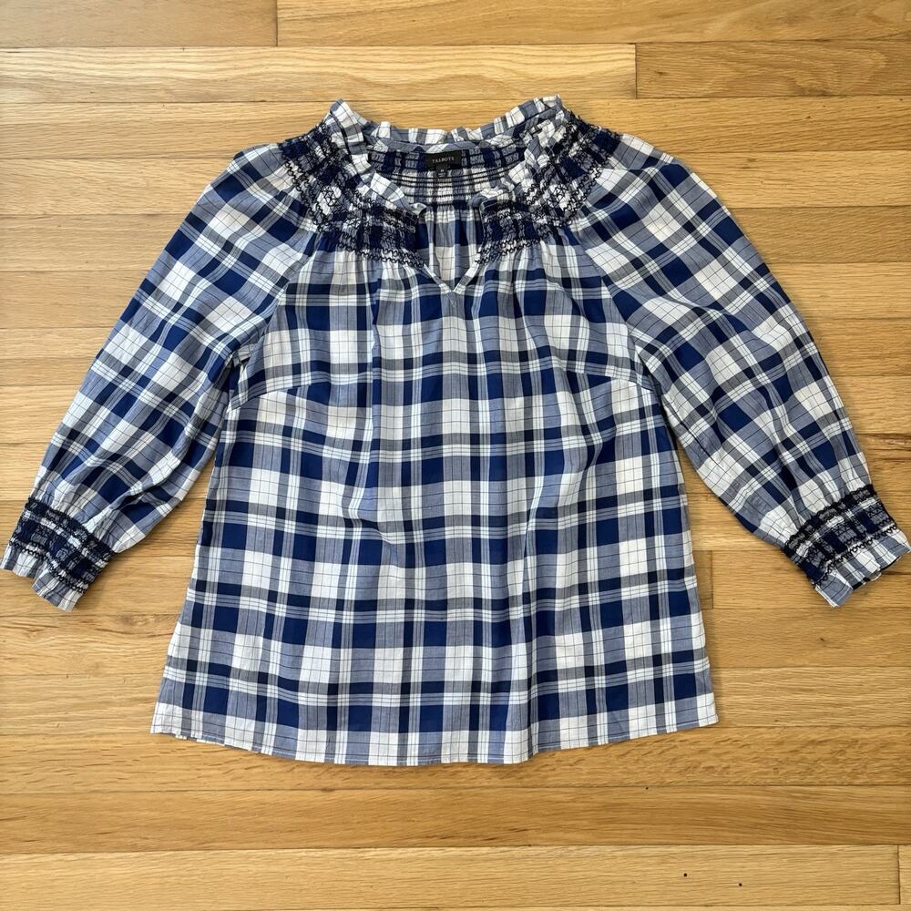 Talbots Plaid Top 3/4 Sleeve Smocked Blue White 100% Cotton M